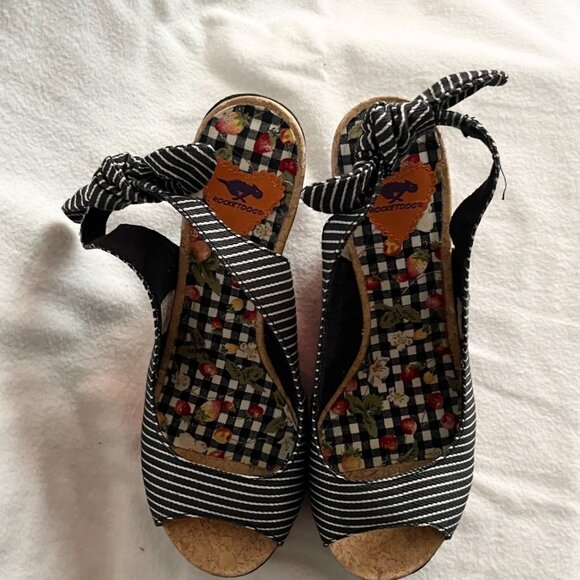 Rocketdog Black/White Stripe Black Denim Wedge Sandals - Picture 4 of 9